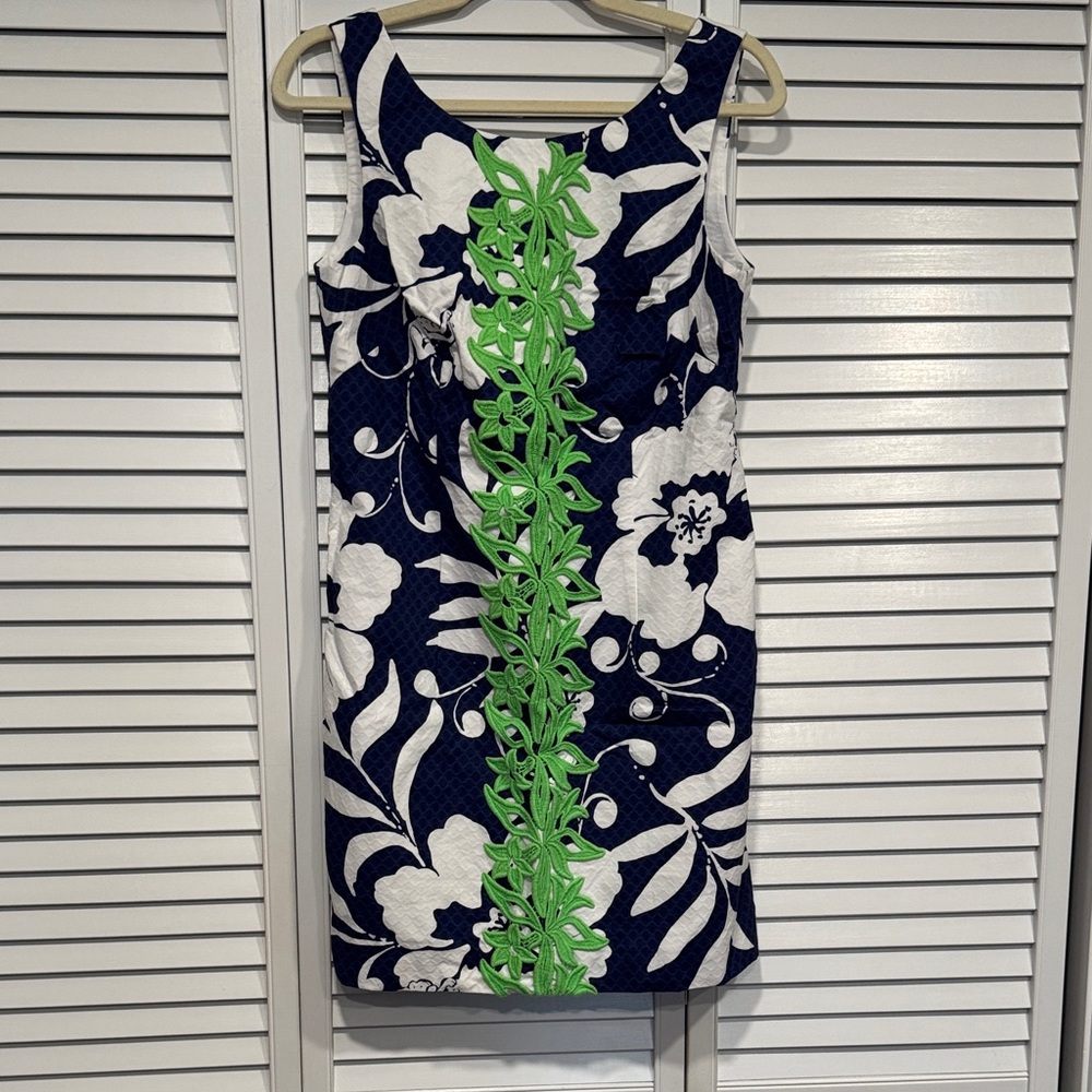 Lily Pulitzer Navy & White Floral Sheath Dress with Lime Green Trim